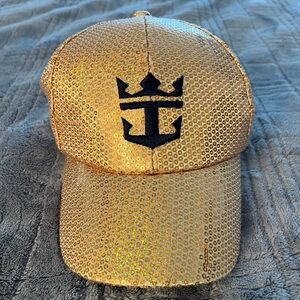 Royal Caribbean gold sequin Hat with blue embroidered logo Velcro snap back